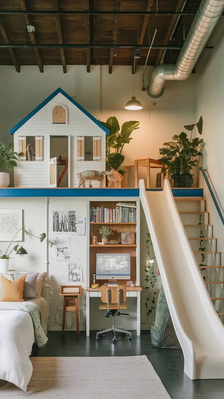 Dreamy rustic-industrial design meets ultimate functionality in this office playroom combo.  A dedicated playroom desk ensures focused kids study spaces, while the loft playroom, featuring a thrilling slide, offers endless imaginative play.  The guest room addition and clever use of space make this boys shared room a perfect blend of work, play, and rest.  This homeschool room decor is pure inspiration.