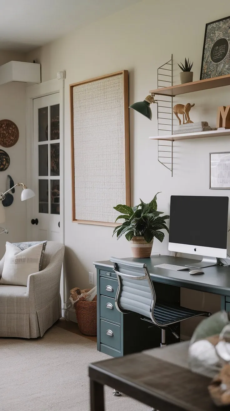 Where work meets play: This home office playroom combo seamlessly blends adult productivity with a fun, inspiring space for kids. The playroom desk provides a dedicated study area, perfect for kids' study spaces or homeschool room decor.  A comfy chair offers a quiet reading nook, while the overall design works equally well as a guest room playroom or even a stylish boys shared room.  The loft playroom feel adds a touch of whimsy.