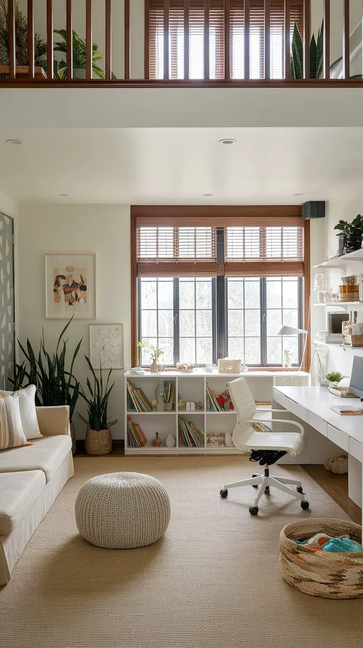 Transforming a space into a functional and stylish office playroom combo is easier than you think! This design cleverly incorporates a playroom desk, creating dedicated kids study spaces within a larger, versatile area. The loft playroom adds a touch of whimsy, perfect for a boys shared room or even a guest room playroom.  Consider this inspiration for your next homeschool room decor project.