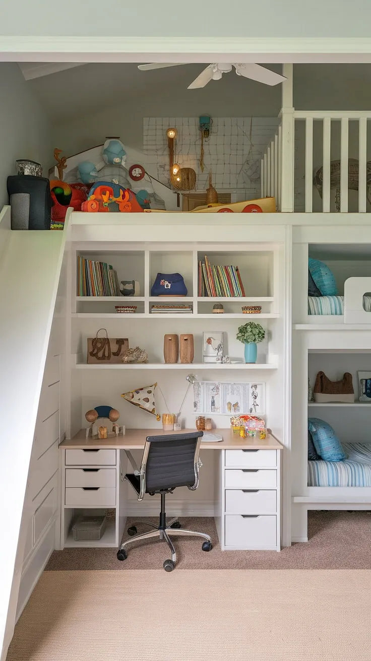 Where work meets play! This home office playroom combo seamlessly blends adult productivity with childhood fun.  A dedicated playroom desk sits alongside the home office, while a loft playroom with a slide and a separate guest room playroom offer endless entertainment.  Kids' study spaces are thoughtfully integrated, including a boys shared room with bunk beds and a desk, all decorated with charming homeschool room decor.