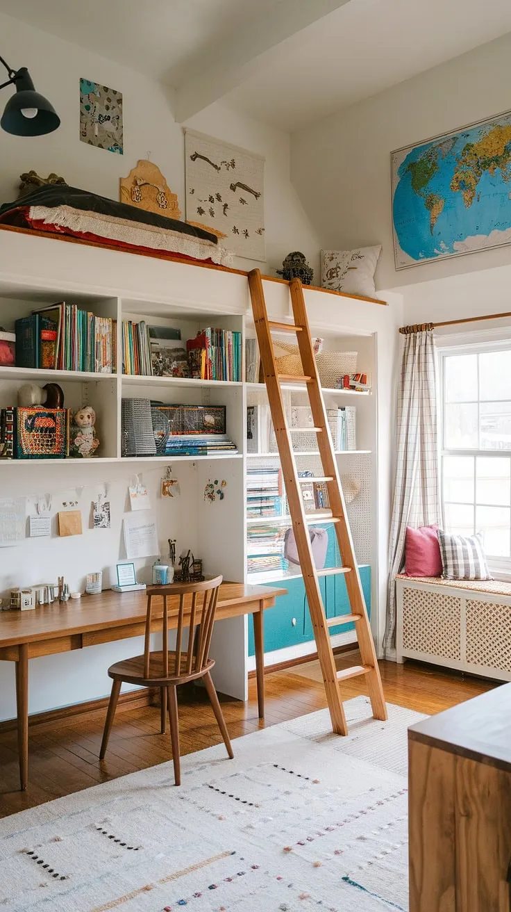 A dreamy office playroom combo! This multi-functional space boasts a charming loft playroom, ideal for imaginative play or quiet reading.  The built-in shelves cleverly store both books and toys, making this homeschool room decor a stylish and practical choice.  The playroom desk provides a dedicated area for homework, transforming this into the perfect kids study spaces solution.