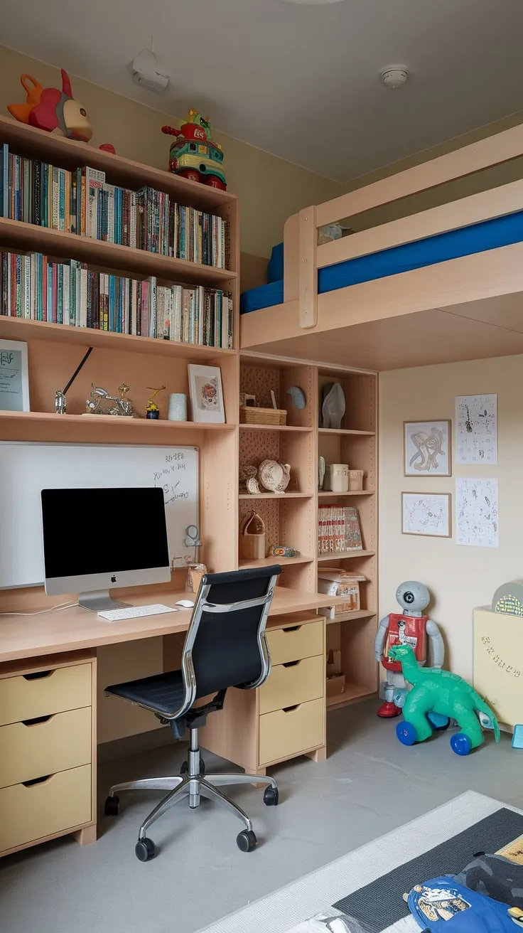 This home office playroom combo seamlessly blends work and play, creating the perfect kids study spaces.  The playroom desk sits beneath a whiteboard, inspiring creativity alongside focused learning.  A loft playroom bed maximizes space, while bookshelves and toys add personality to this boys shared room, ideal even as a guest room playroom.