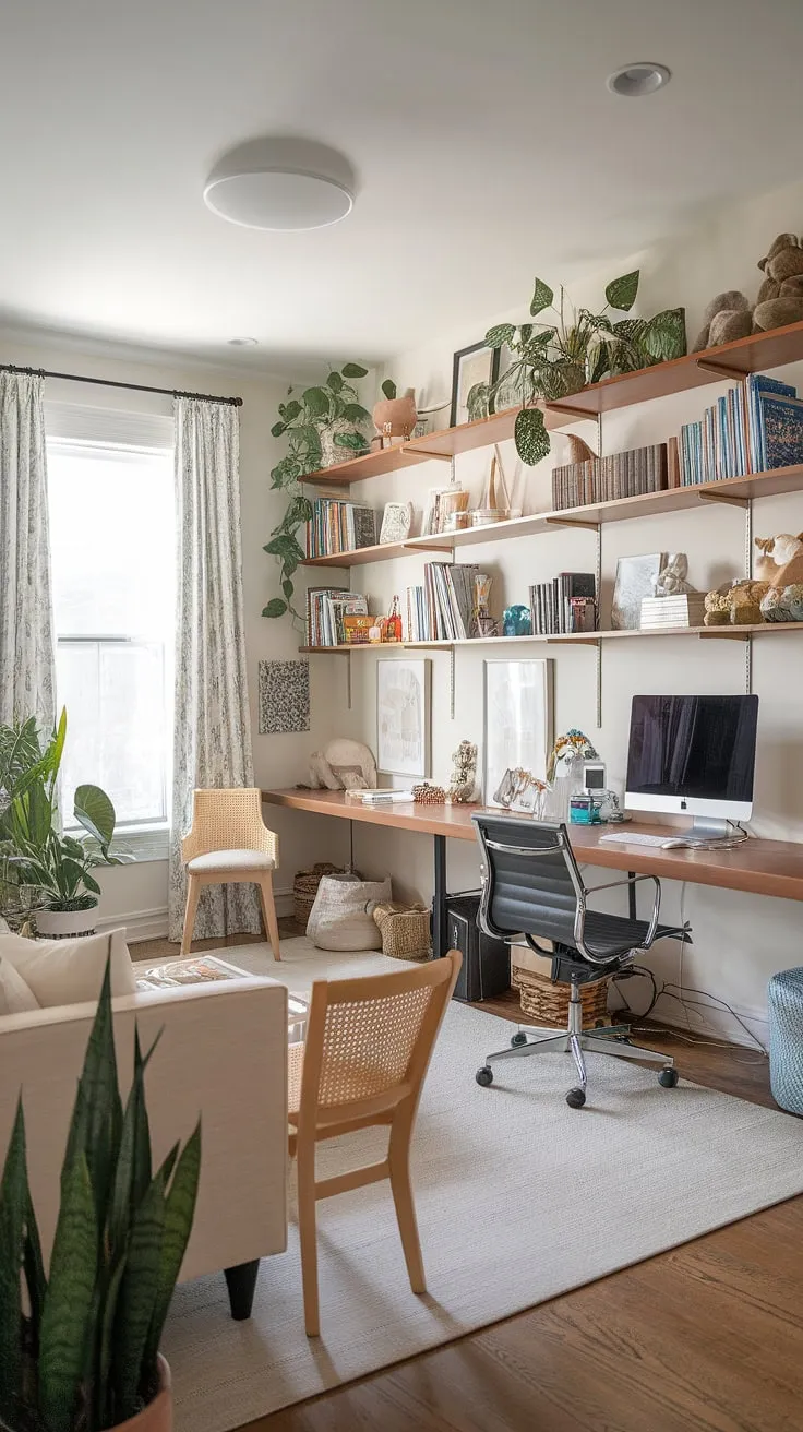 This home office playroom combo seamlessly blends work and play, creating a functional and inspiring space. The loft adds extra playroom space, while the playroom desk provides a dedicated kids study space perfect for homeschooling.  A versatile solution for busy families, this room easily transitions from a productive office to a fun-filled play area, even accommodating guests in a pinch.  It's the ultimate guest room playroom and a fantastic boys shared room solution.