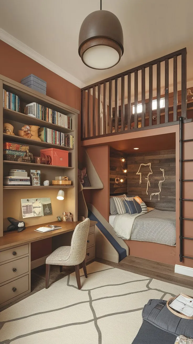 This home office playroom combo is the ultimate multi-functional space!  A playroom desk keeps kids' study spaces organized, while the loft playroom and climbing wall provide endless entertainment.  The guest room tucked away offers extra sleeping space, making this boys shared room a truly unique and practical homeschool room decor solution.