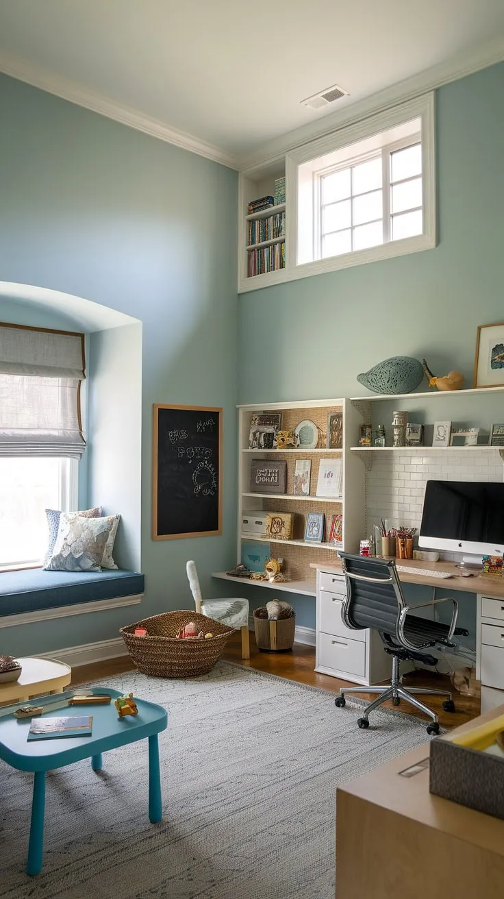A multi-functional marvel! This office playroom combo cleverly incorporates a playroom desk, a chalkboard wall, and a charming loft playroom.  Ideal for kids study spaces, this design is equally suited to homeschooling, serving as a guest room playroom, or a creative boys shared room.  The soft blue walls and cozy reading area complete this inspiring loft playroom.