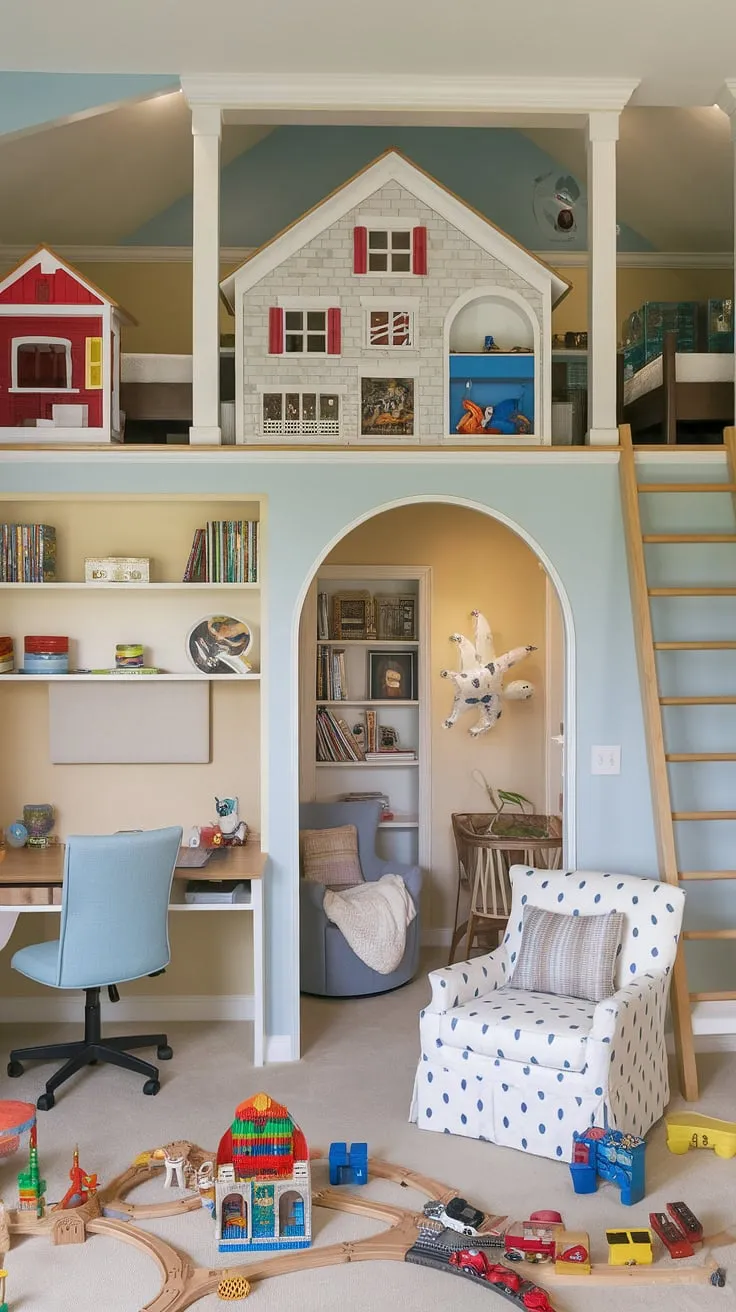 This home office playroom combo seamlessly blends work and play!  A dedicated playroom desk provides a kids study space, while the loft playroom offers extra imaginative room to roam.  The guest room playroom and boys shared room complete this multi-functional space, perfect for homeschool room decor and family life.