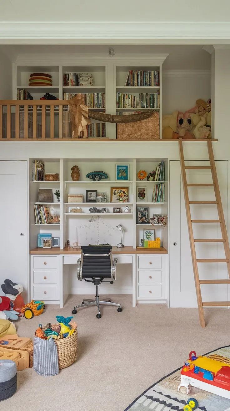 A loft playroom adds a touch of magic to this office playroom combo.  The built-in bookshelves and playroom desk create a seamless transition between work and play, making it a versatile space for kids' study spaces and homeschool room decor.  Perfect for a growing family, this design is a smart solution for maximizing space in a guest room playroom or even a boys shared room.