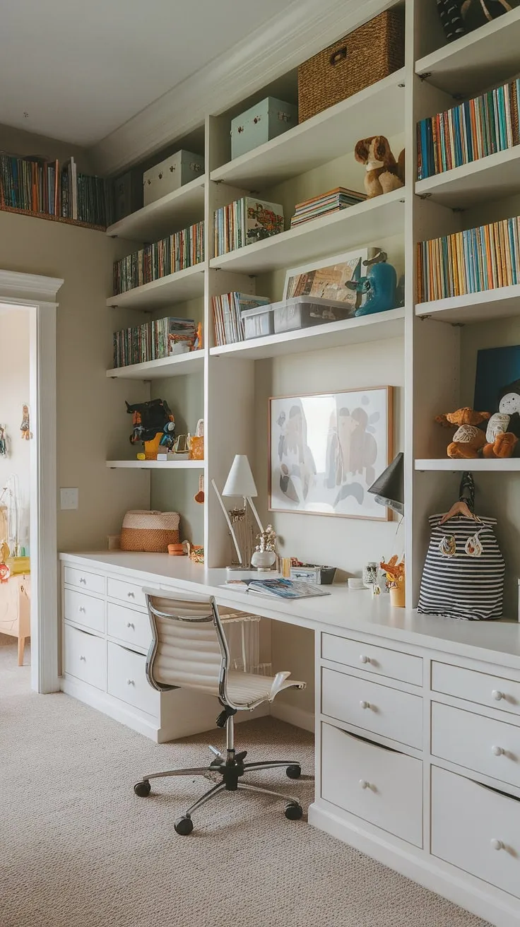 Where work meets wonder! This home office playroom combo seamlessly blends adult productivity with kids' creativity.  The playroom desk anchors the space, while the loft playroom, guest room playroom, and boys shared room offer dedicated zones for learning and play.  Perfect kids study spaces and homeschool room decor, all in one inspiring environment.