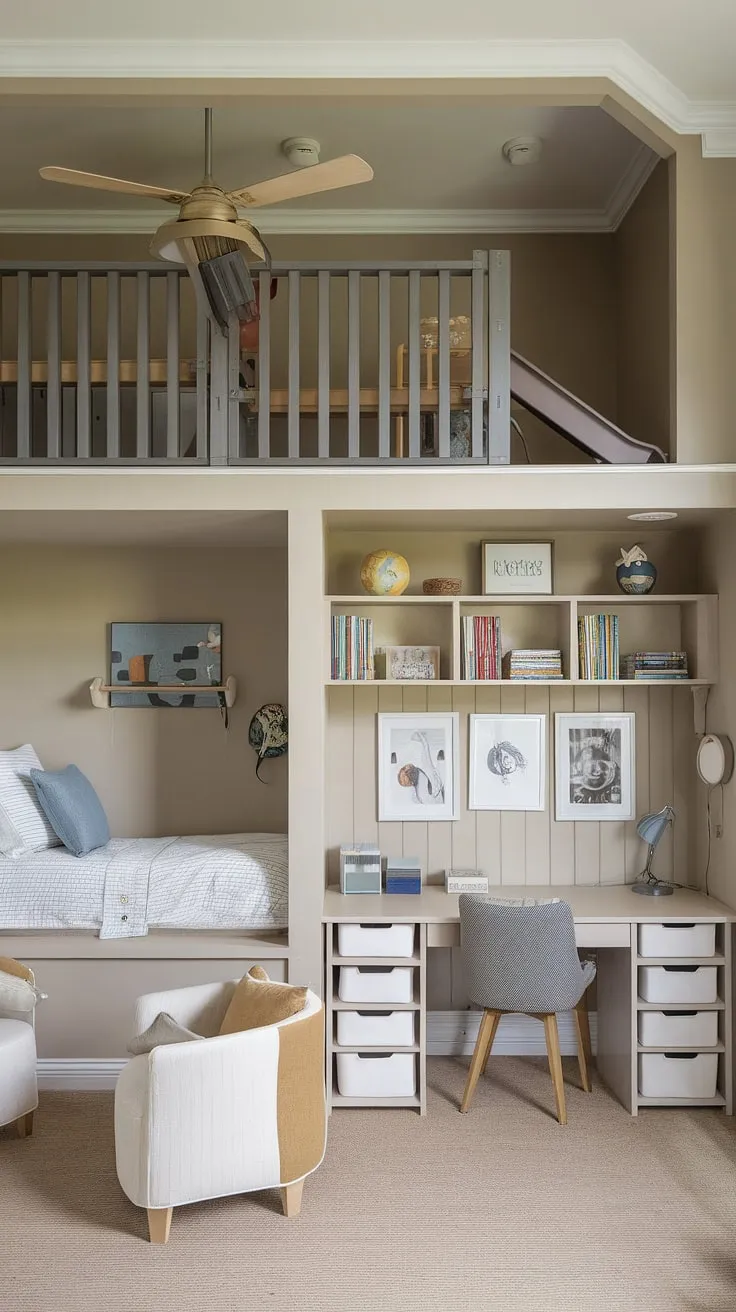 This multifunctional space is the ultimate office playroom combo!  A playroom desk anchors the home office, while a loft playroom and slide add an element of adventure.  The guest room playroom offers extra sleeping space, and the boys shared room, with its dedicated desk and shelves, provides the perfect kids study spaces.  Clever design transforms this neutral-toned room into a haven for both work and play, ideal for homeschool room decor.
