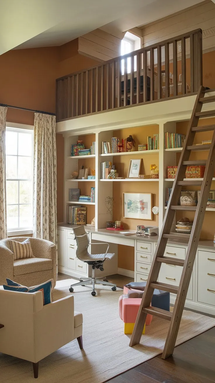 Dreamy loft playroom? Check. Functional office playroom combo? Double check! This clever design maximizes space with a dedicated playroom desk, creating the perfect environment for both work and play. Ideal for homeschooling, this office playroom combo also works wonderfully as a guest room playroom or a stylish boys shared room.