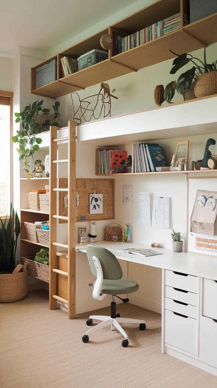 This home office playroom combo is the ultimate space-saving solution!  The playroom desk provides a dedicated kids study space, while the loft playroom offers extra room for imaginative play. Perfect for homeschool room decor or even a guest room playroom, this setup cleverly combines work and play in a boys shared room.