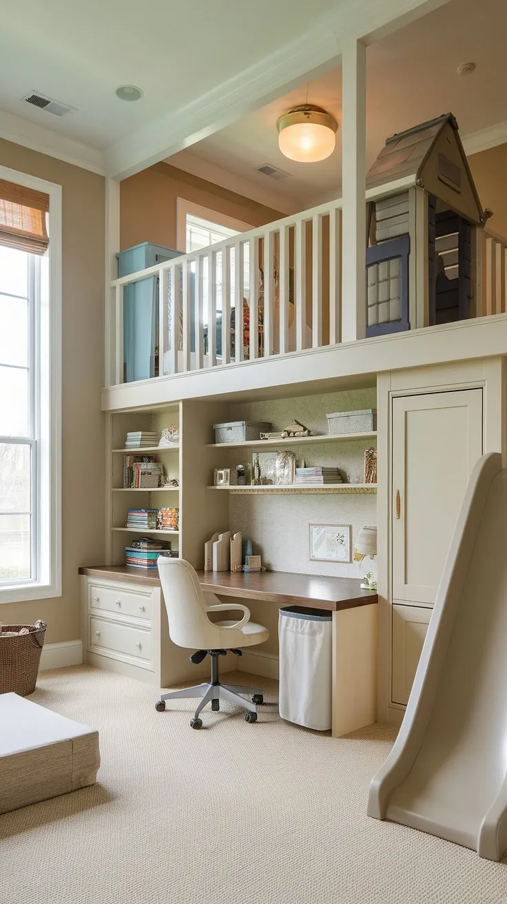 Transforming work-from-home life with kids? This office playroom combo boasts a dedicated playroom desk, built-in storage, and a stunning loft playroom complete with a slide!  Ideal for kids study spaces and homeschool room decor, this versatile room cleverly combines functionality and fun.  Consider it a guest room playroom, or the perfect solution for a boys shared room needing both a workspace and a play area.  The loft playroom adds an extra dimension of excitement to this unique design.