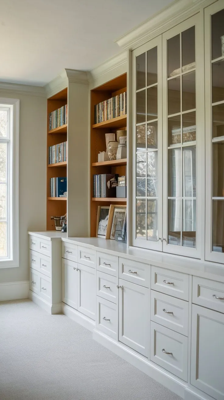 Transform your home office with stylish white painted cabinets, built-in bookshelves, and ample wall storage for a functional and beautiful workspace