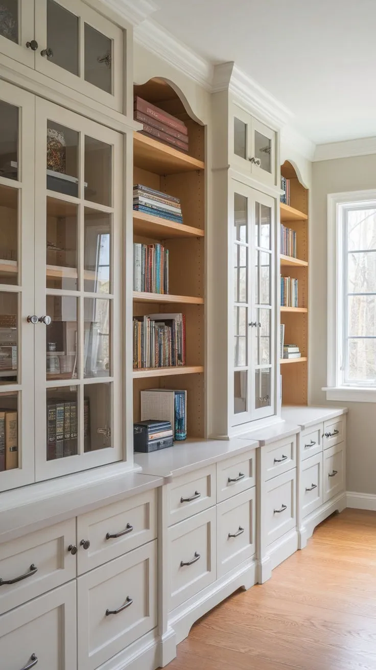 Stylish white painted cabinets and built-in bookshelves create a bright, organized home office with ample storage.