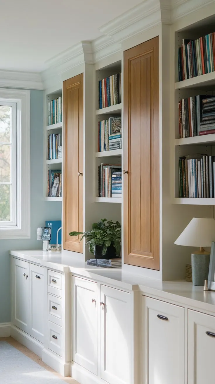 Sunlight streams into a home office, illuminating custom white cabinets and bookshelves brimming with books and personal touches