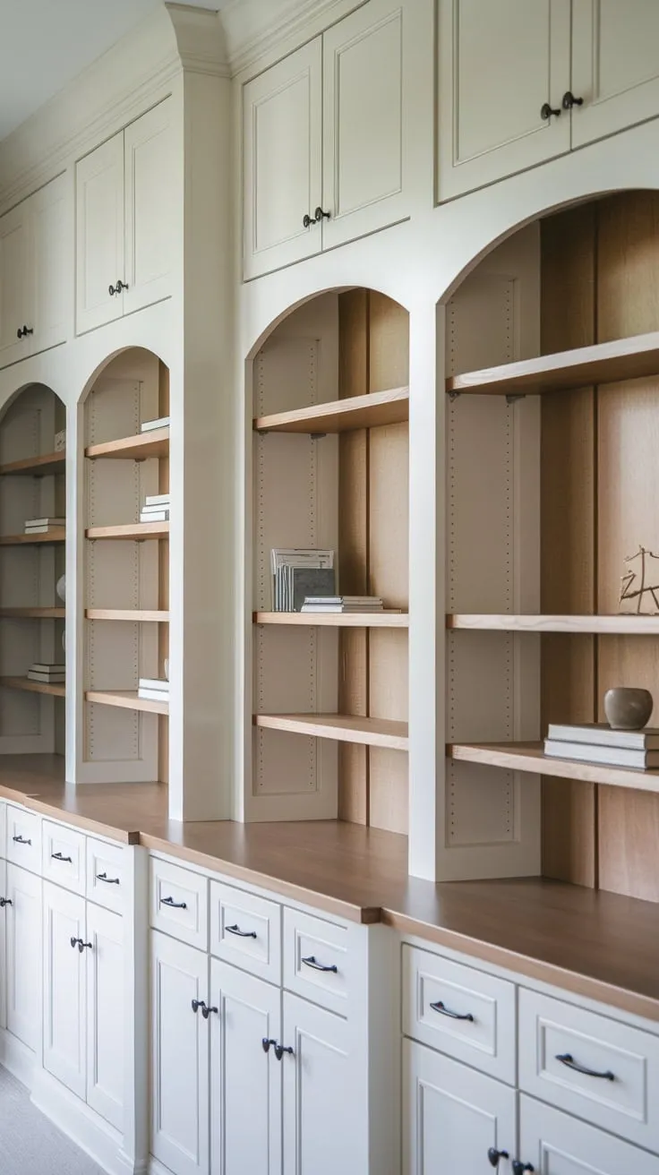 Transform your home office into an organized haven with custom-built white wood cabinets and bookshelves providing ample storage.