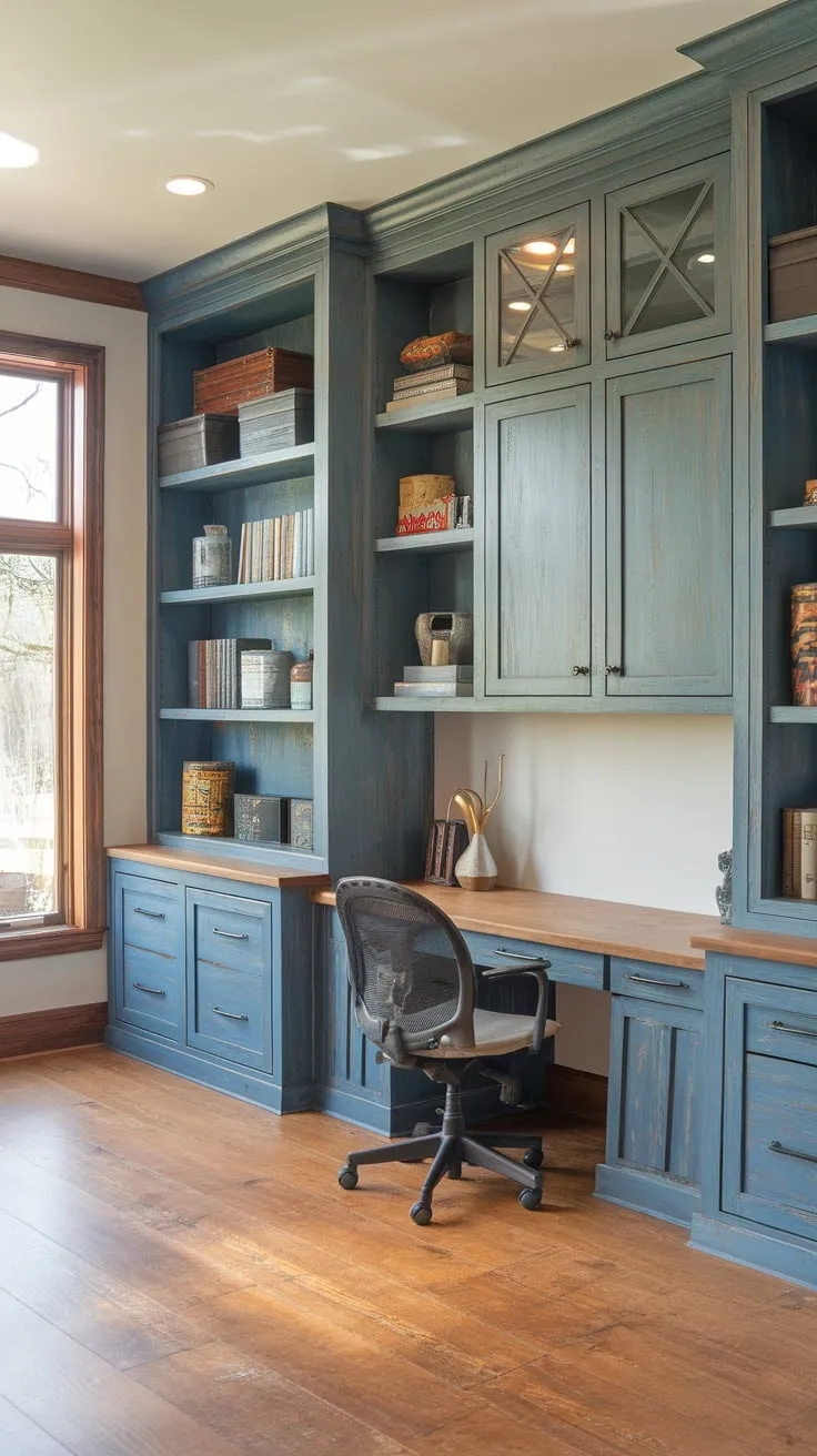 A rustic home office boasts ample built-in wood storage, including custom cabinets and bookshelves, maximizing space and style