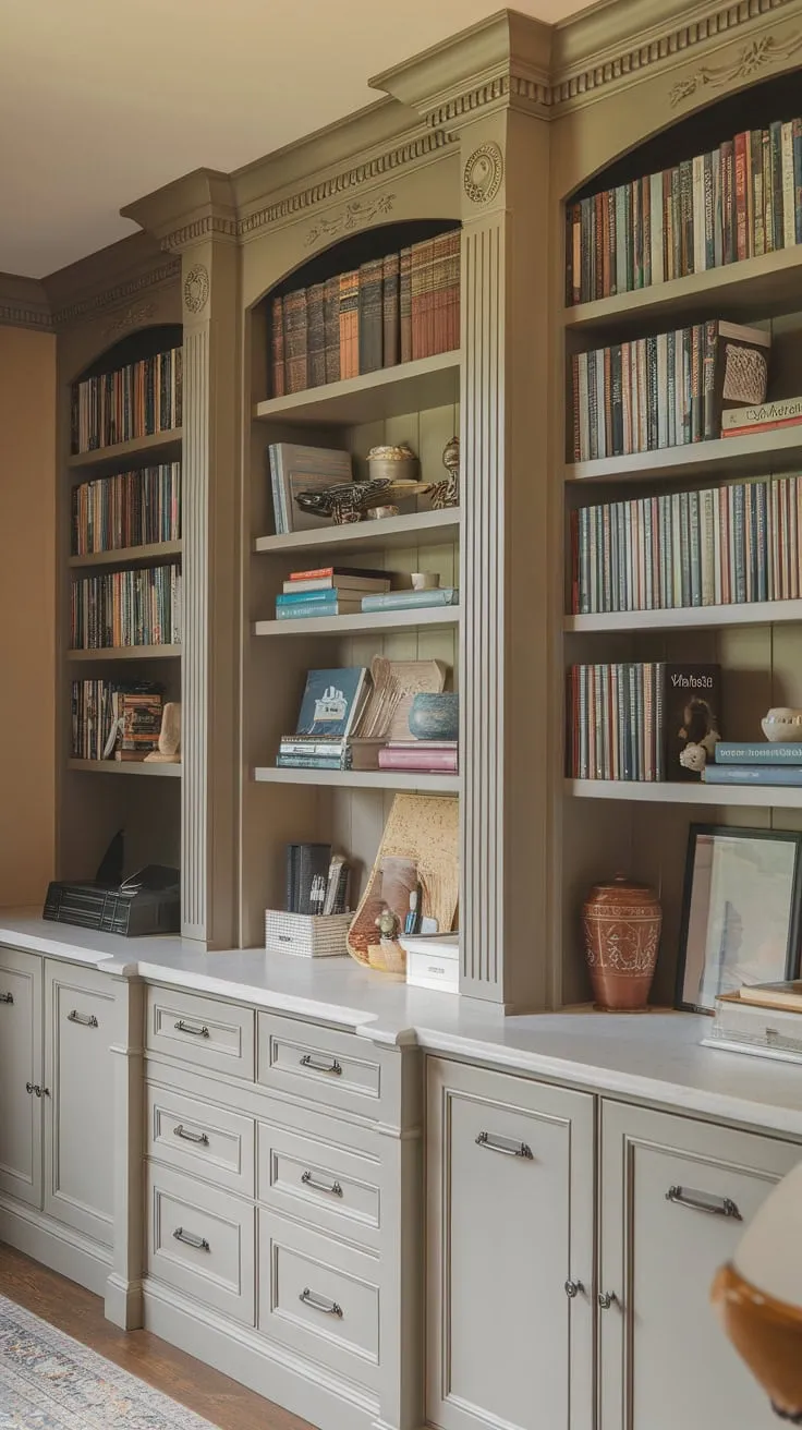A home office boasts stylish built-in storage, seamlessly integrating books, supplies, and personal belongings within a warm and inviting space.