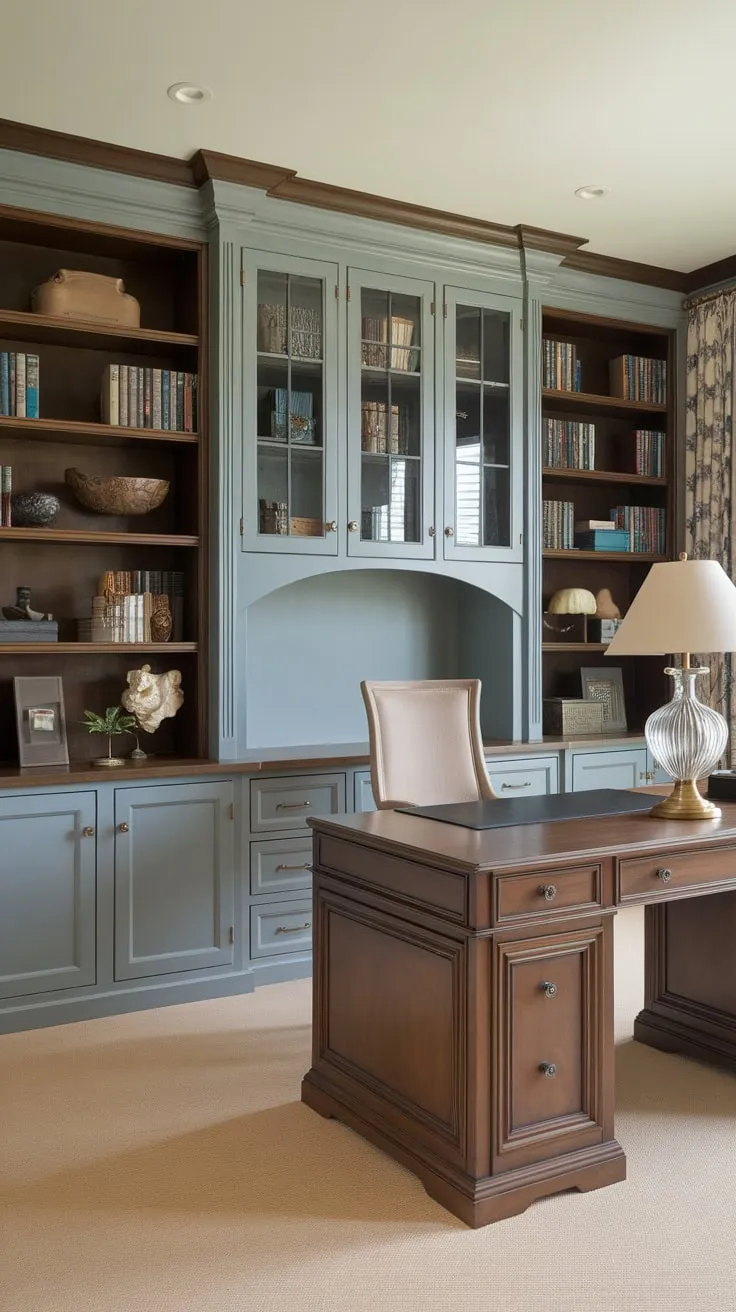 Maximize your home office space with stylish built-in cabinets and bookshelves providing ample storage