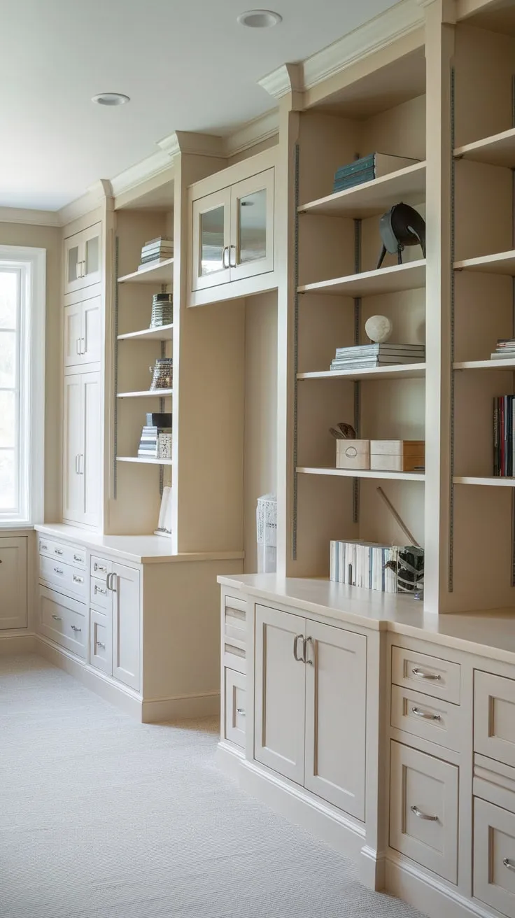 Maximize your home office efficiency with custom-built beige wood cabinets and extensive shelving for seamless storage