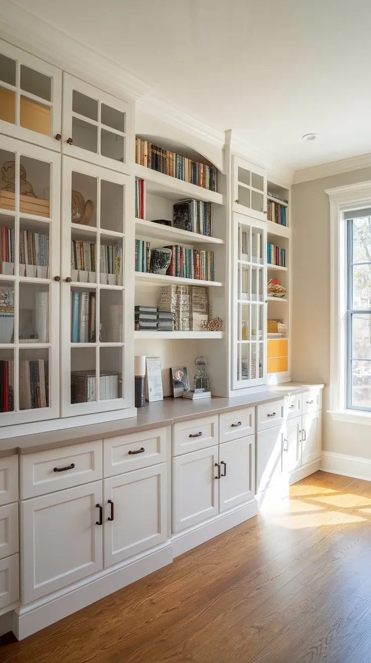 Sunlight streams into a home office boasting custom white cabinets with glass doors ample shelving and a countertop workspace.
