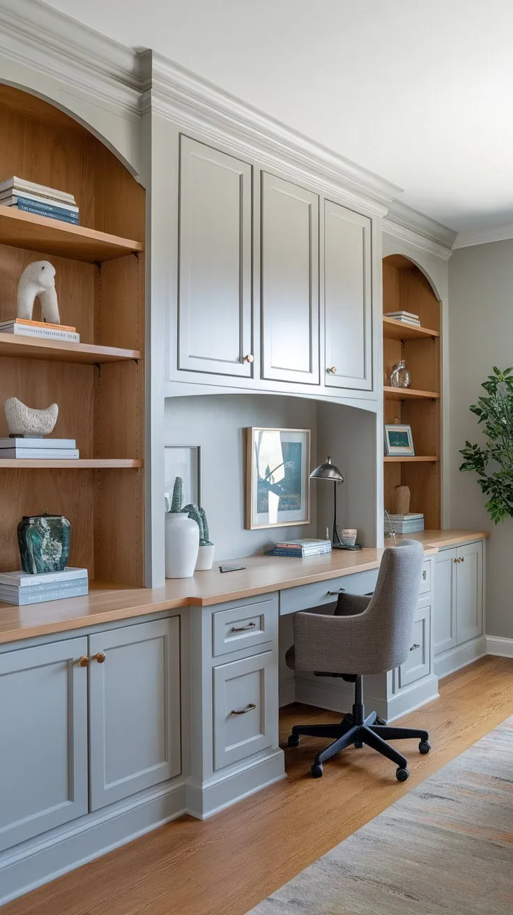 Seamless built-in wood cabinets and bookshelves in a light gray home office maximize storage and create a calming workspace