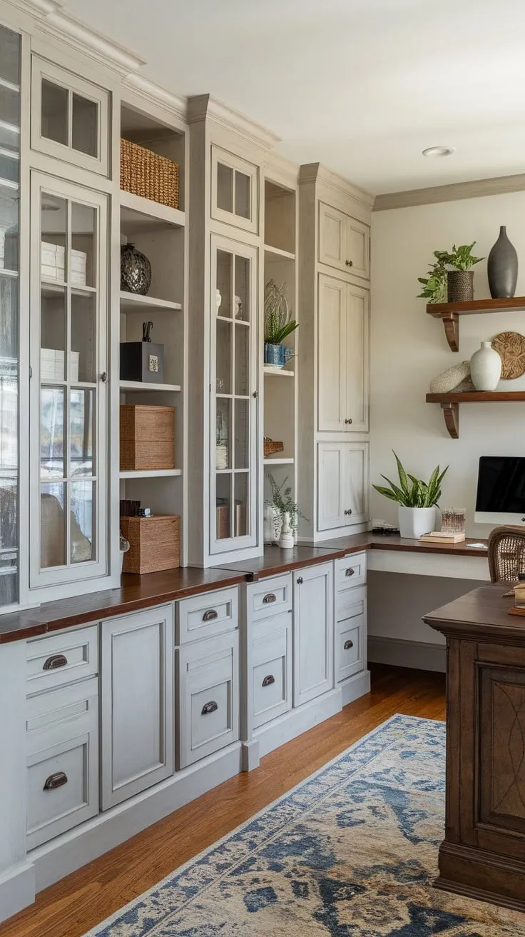 A home office boasts ample rustic-chic storage with painted white cabinets, built-in bookshelves, and wood accents, creating a stylish and organized workspace.