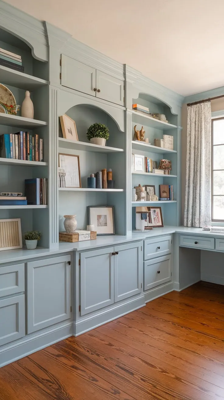 A light blue and white custom home office boasts abundant built-in storage, showcasing books, supplies, and décor in stylish cabinets and shelves