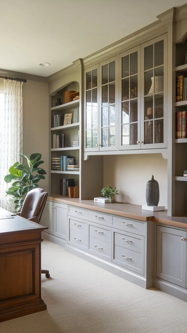 Transform your home office with stylish light gray painted wood cabinets, built-in shelving, and ample storage for a functional and aesthetically pleasing workspace