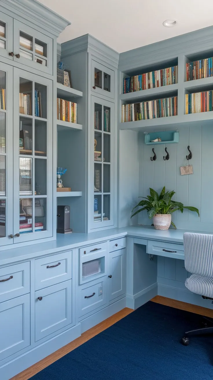 A light blue painted home office boasts ample built-in storage, seamlessly blending functionality with aesthetic appeal.