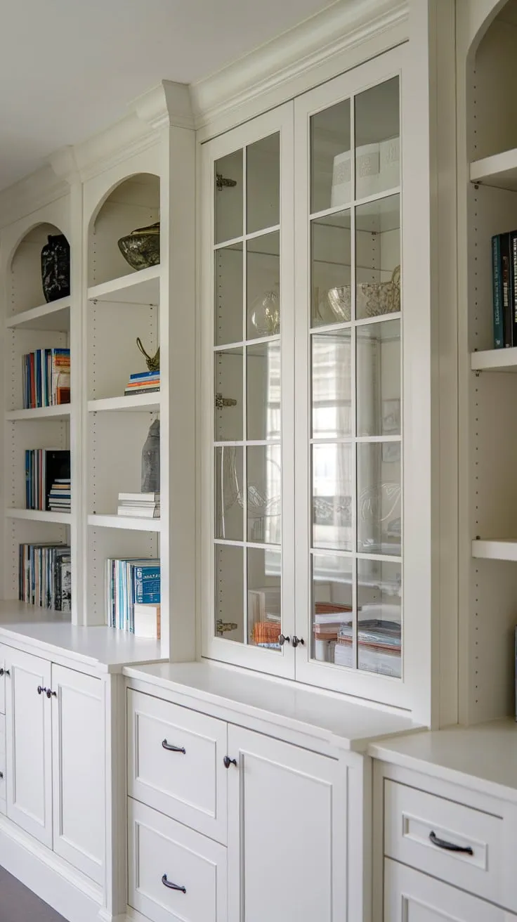 Sleek built-in storage maximizes space and style in this pristine home office.