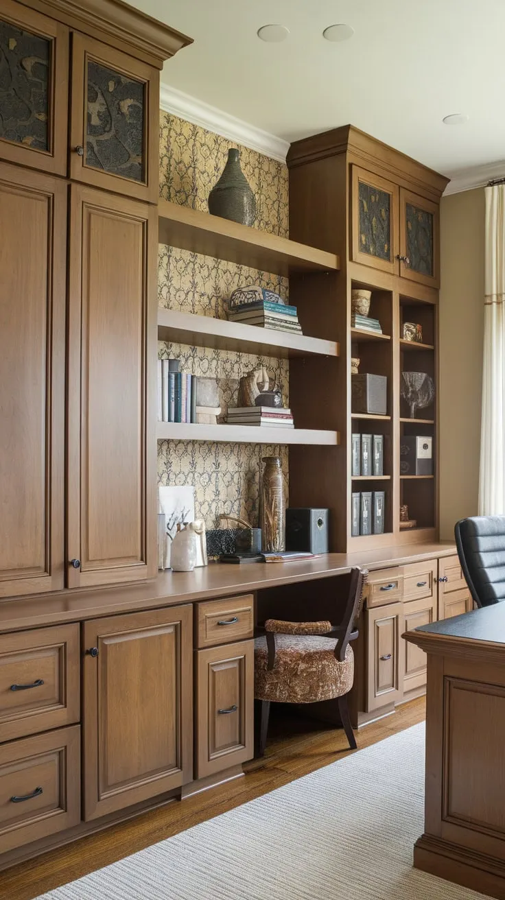 Warm brown wood cabinets, shelves, and built-ins create abundant storage in this stylish home office.
