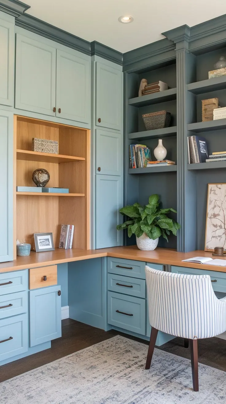 A stylish home office boasts custom light blue cabinets with wooden accents and built-in dark grey bookshelves maximizing storage and workspace