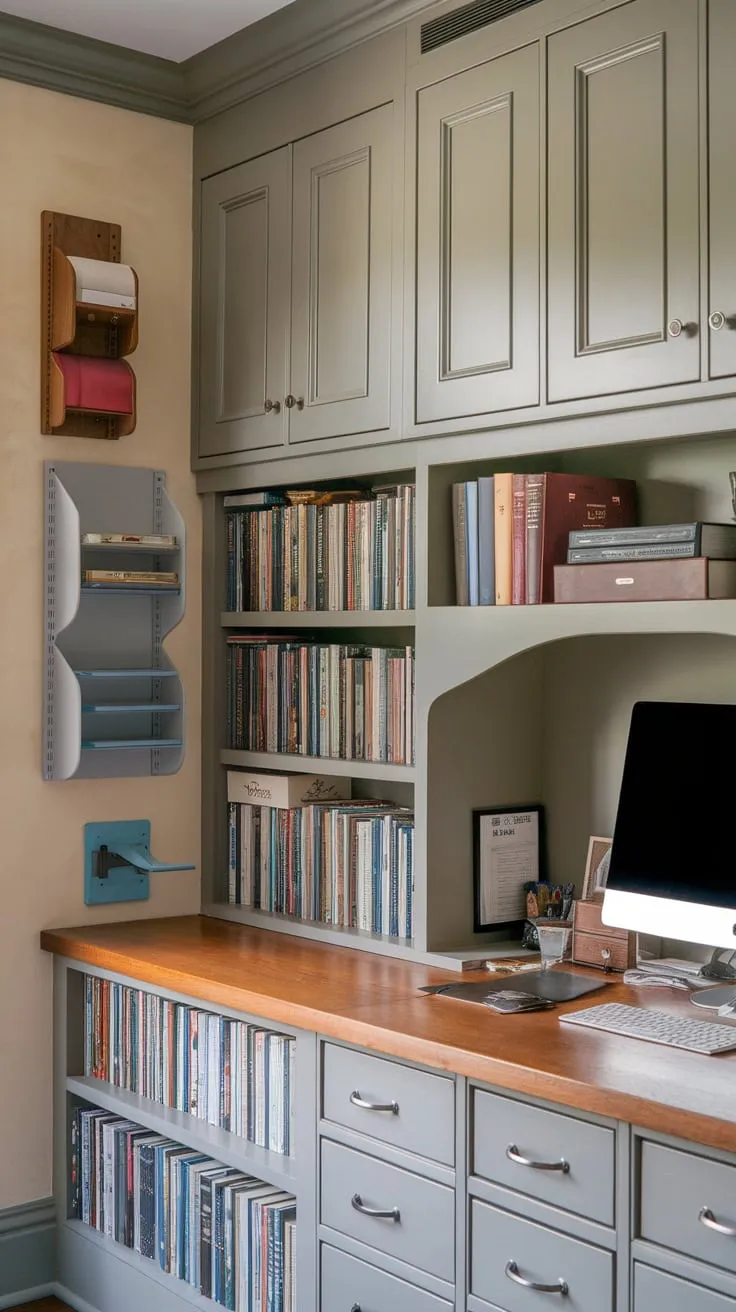 Built-in bookshelves, cabinets, and a custom computer station create a warm, earthy home office with exceptional storage solutions.