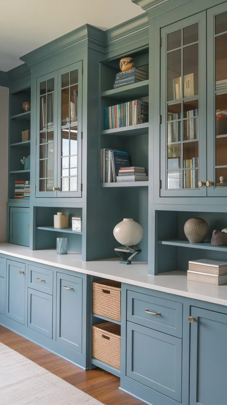 Custom-built cabinets and glass-fronted bookshelves create a stunning home office with abundant storage.