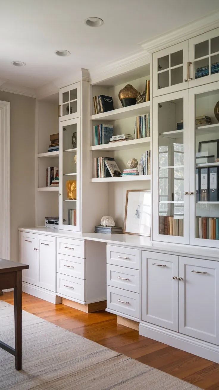 Elegant white built-in cabinetry maximizes home office storage and style