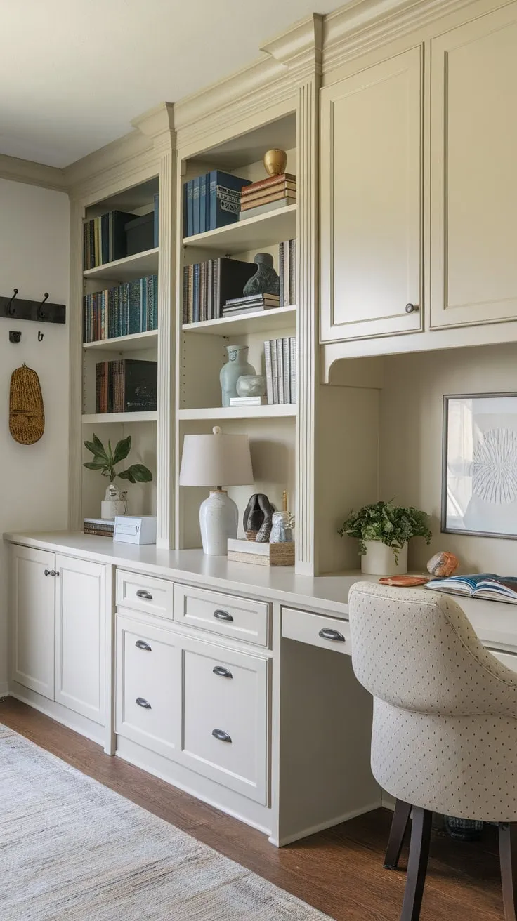 Transform your home office with custom painted cabinets, built-in bookshelves, and ample wall storage for a stylish and organized workspace