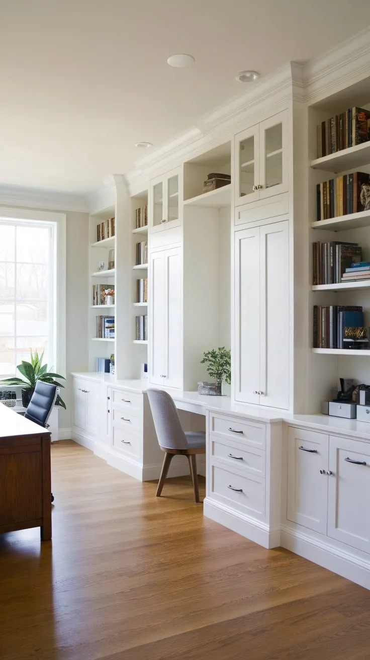 Custom white cabinets and bookshelves create a stunning and efficient home office maximizing storage from floor to ceiling.
