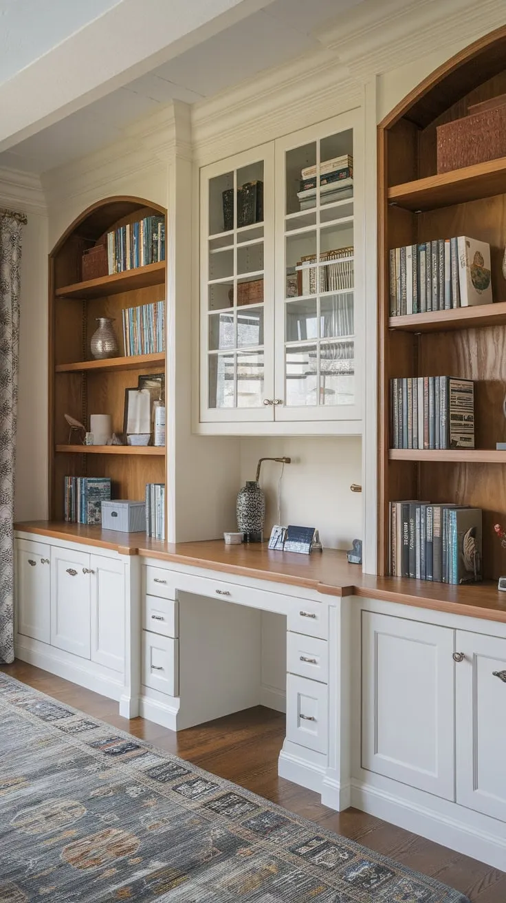 Built-in white cabinets and natural wood bookshelves create a beautiful and highly organized home office.