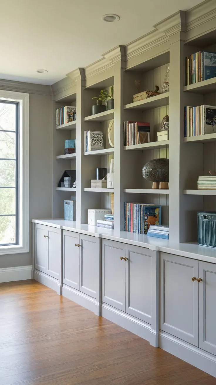 Maximize your home office's functionality and style with custom built-in storage solutions for books, supplies, and décor