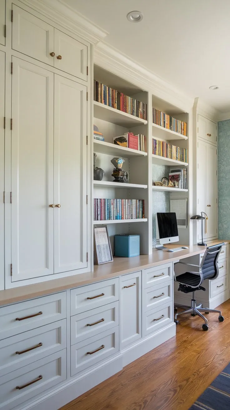 A serene light blue home office boasts built-in white cabinets and bookshelves maximizing storage and workspace