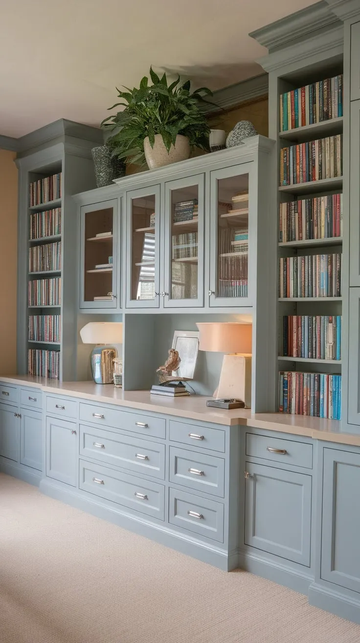 Built-in cabinets and bookshelves create a serene home office with ample storage and charming decorative accents.