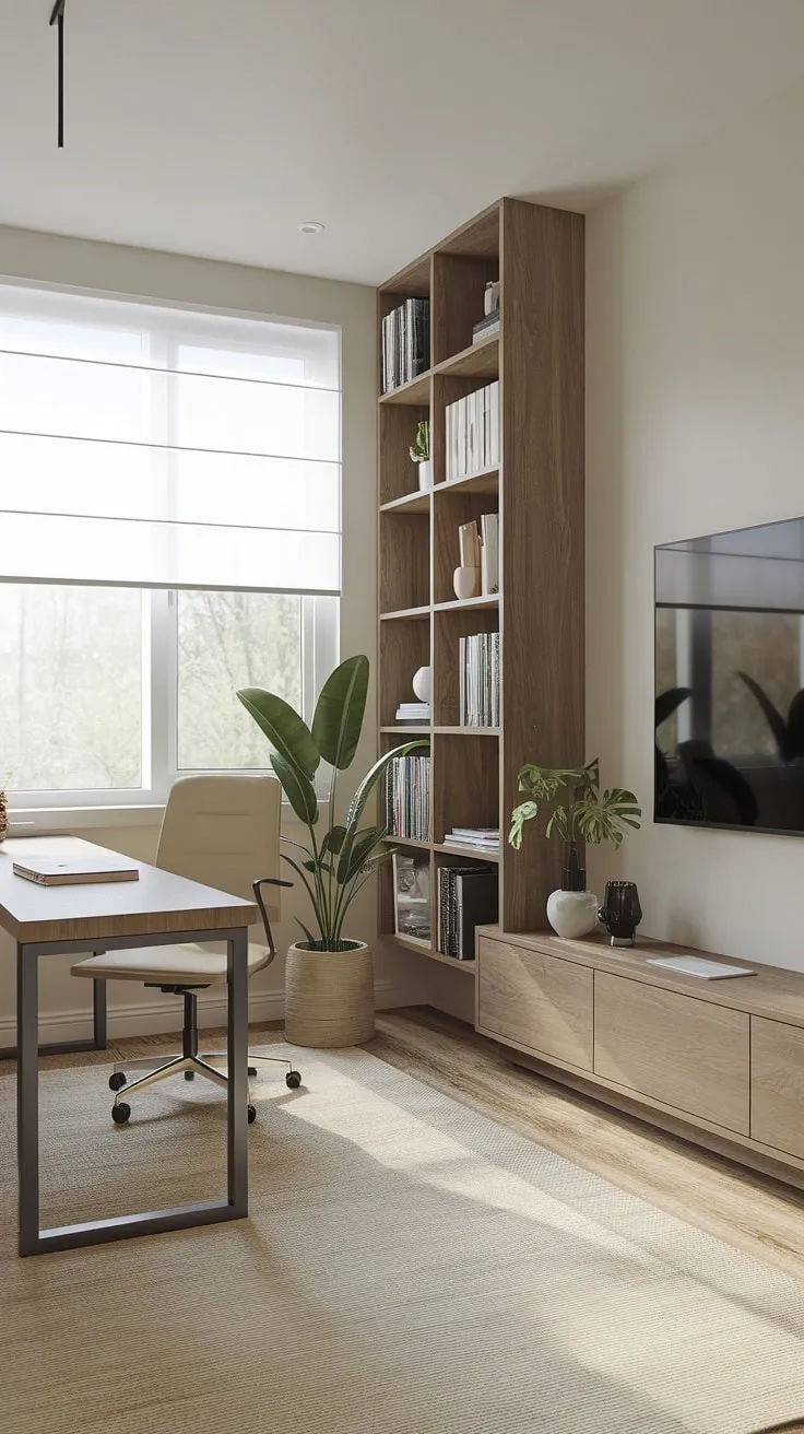 Sunlight streams into this minimalist home office, a perfect blend of functionality and style.  The smart design maximizes space, making it ideal as a guest bedroom office, a living room office combo, or even a small home offices solution.  The mounted TV effortlessly transforms this space into a home office tv room combo when work is done.