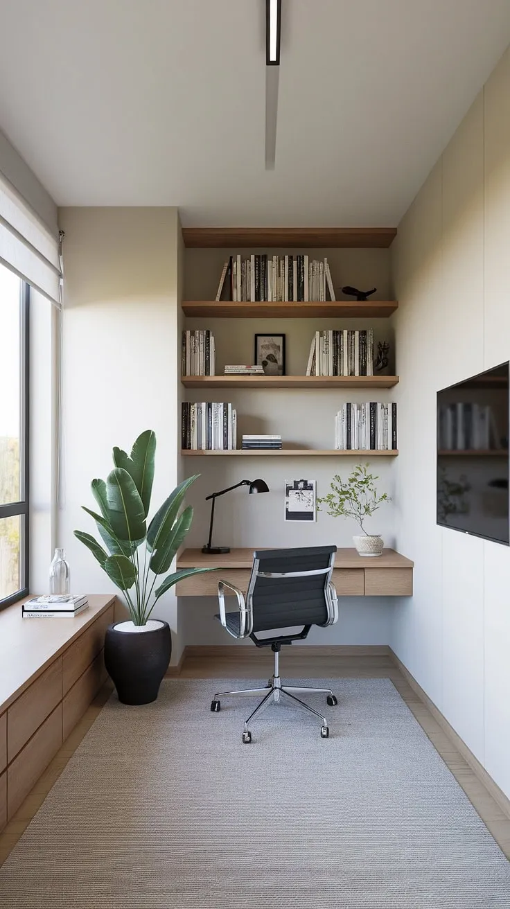 This serene guest bedroom office seamlessly transitions from workspace to relaxation zone.  The minimalist design and natural light create a calming atmosphere, perfect for a small home offices setup.  Whether you need a dedicated guest bedroom home office, a living room office combo, or a home office tv room combo, this space offers the ultimate in flexible, modern home offices design.