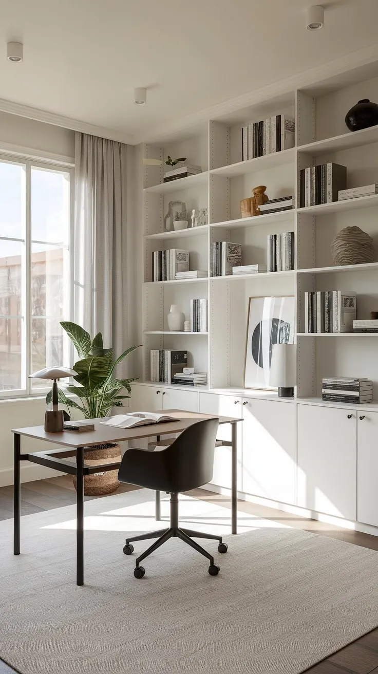Sunlight streams into this minimalist home office, a perfect blend of functionality and serenity.  Whether you're envisioning a home office tv room combo, a living room office combo, or even a cleverly designed guest bedroom home office – this space proves that even small home offices can be stylish and productive.  The design works equally well as a guest room office or a guest bedroom office, showcasing the versatility of modern home offices.