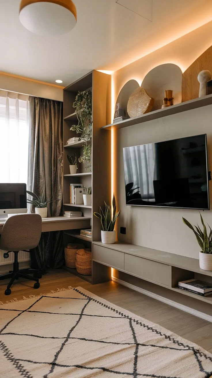 Transform your spare room into a sanctuary of productivity and entertainment with this inspiring guest room office.  This minimalist home office design, perfect for small home offices, cleverly combines a dedicated workspace with a cozy TV area.  Whether you're looking for a guest bedroom office or a bedroom office combo, this modern home offices solution offers the best of both worlds, seamlessly merging work and leisure in a stylish and efficient living room office combo.