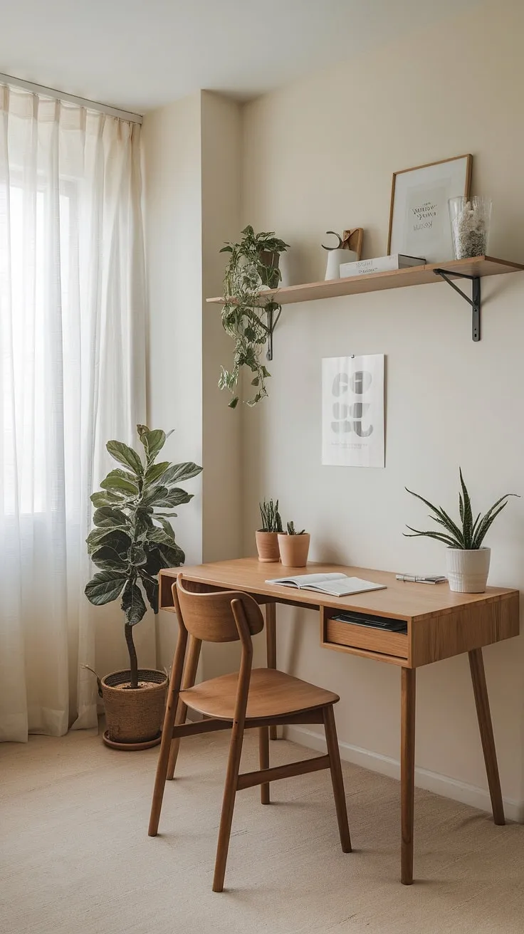 This minimalist home office, perfect for a small space, effortlessly blends functionality with style.  Whether you're looking for a guest bedroom office, a living room office combo, or a dedicated space in a bedroom office combo, this design proves that even small home offices can be both productive and aesthetically pleasing.  The clean lines and simple decor make it a versatile solution for a home office tv room combo or a guest room office.