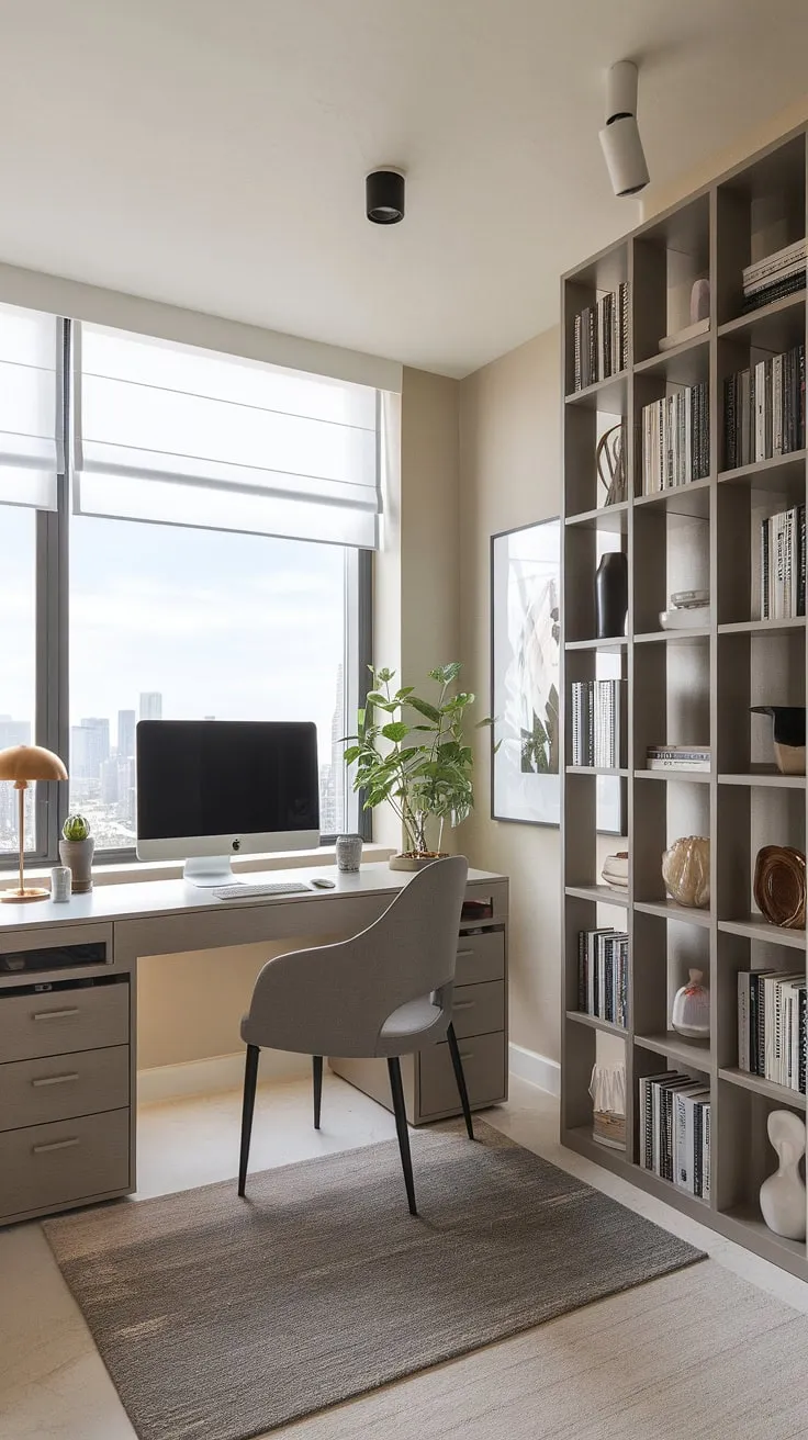 This minimalist home office, seamlessly blending into a modern living space, offers the perfect balance of work and relaxation.  The expansive window showcases stunning city views, while the thoughtful design maximizes space, making it ideal for small home offices or even a guest bedroom office conversion.  A versatile space perfect for a home office tv room combo, living room office combo, or even a bedroom office combo.