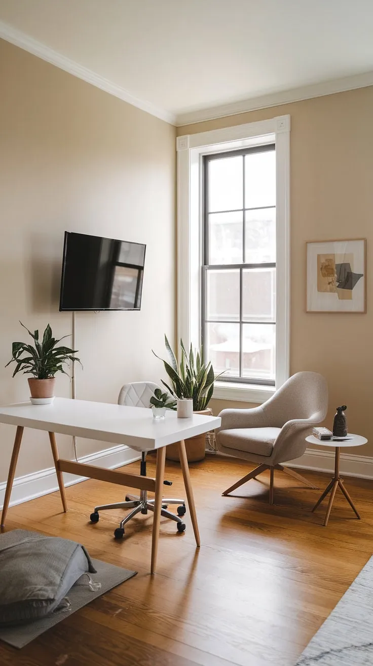 This minimalist home office, perfect as a guest bedroom office or even a living room office combo, proves that small home offices can be stylish and functional.  The mounted TV transforms this space into a versatile home office TV room combo, ideal for work and relaxation.