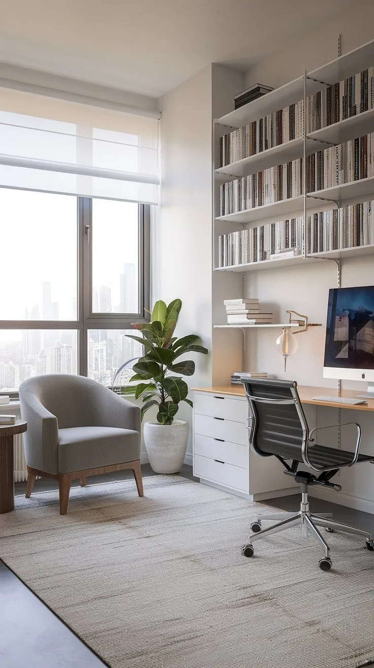 This minimalist home office tv room combo maximizes space and style.  The large window offers stunning city views, perfect for unwinding after a productive day in this small home offices setup.  It seamlessly blends the functionality of a modern home office with the comfort of a living room office combo, ideal even as a guest bedroom office or guest bedroom home office.